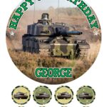 ARMY TANK Icing Birthday Cake Topper & 8 Cupcake Toppers (Version 1)
