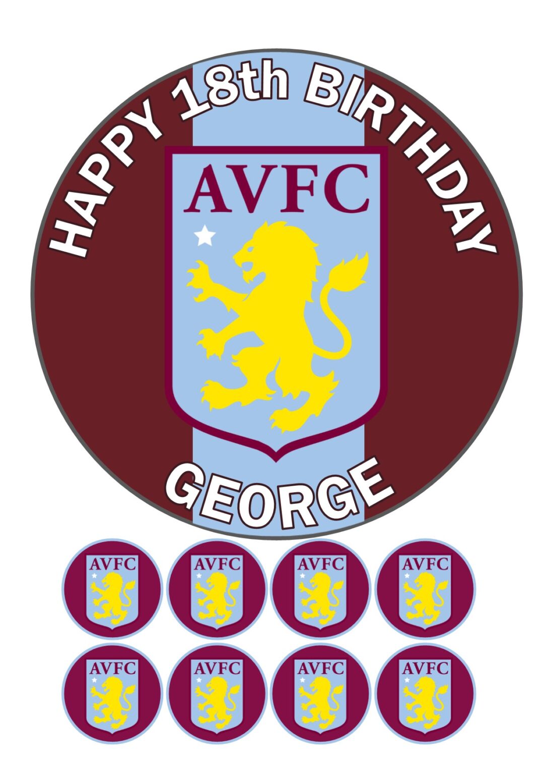 Aston Villa Icing Birthday Cake Topper & 8 Cupcake Toppers