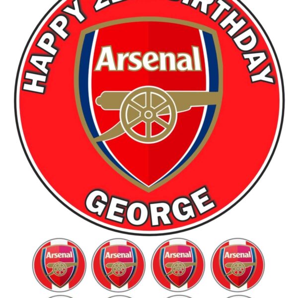 ARSENAL FC ICING BIRTHDAY CAKE TOPPER & CUPCAKES