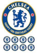 Chelsea FC Icing Birthday Cake Topper & 8 Cupcake Toppers personalised with name and age