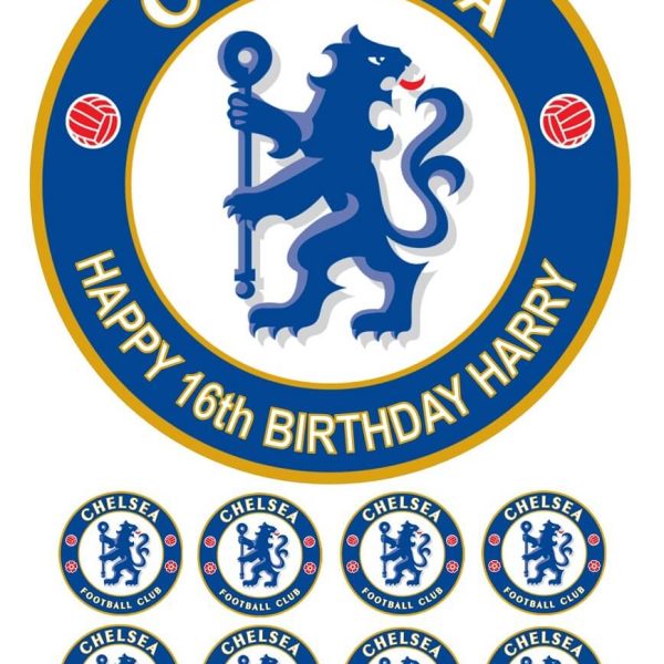 Chelsea FC Icing Birthday Cake Topper & 8 Cupcake Toppers personalised with name and age