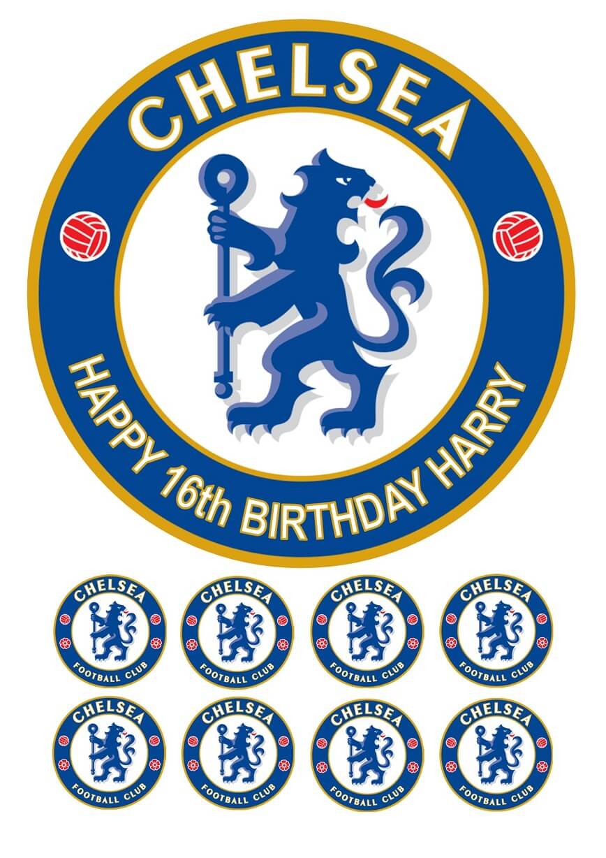 Chelsea Chelsea FC Icing Birthday Cake Topper & 8 Cupcake Toppers personalised with name and age