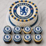 Chelsea FC edible icing cake topper with matching cupcake toppers, personalised with name & age.