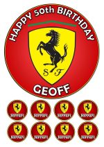 Ferrari edible icing birthday cake topper with 8 matching cupcake toppers personalised with name and age