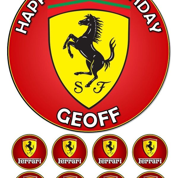 Ferrari edible icing birthday cake topper with 8 matching cupcake toppers personalised with name and age