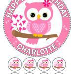 PINK OWL ICING BIRTHDAY CAKE TOPPER & CUPCAKES