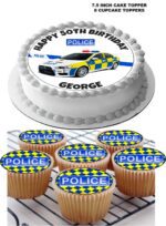 POLICE CAR ICING BIRTHDAY CAKE TOPPER & 8 CUPCAKES