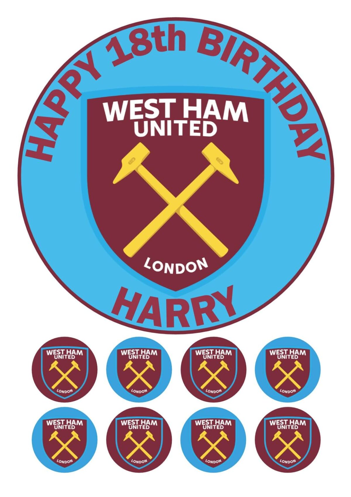 WEST HAM UNITED FC ICING BIRTHDAY CAKE TOPPER & CUPCAKES