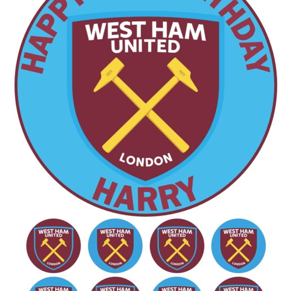 WEST HAM UNITED FC ICING BIRTHDAY CAKE TOPPER & CUPCAKES