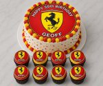 Ferrari edible icing birthday cake topper with 8 matching cupcake toppers personalised with name and age