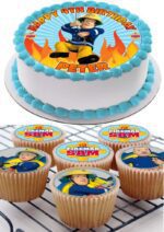 FIREMAN SAM ICING BIRTHDAY CAKE TOPPER & 8 CUPCAKES