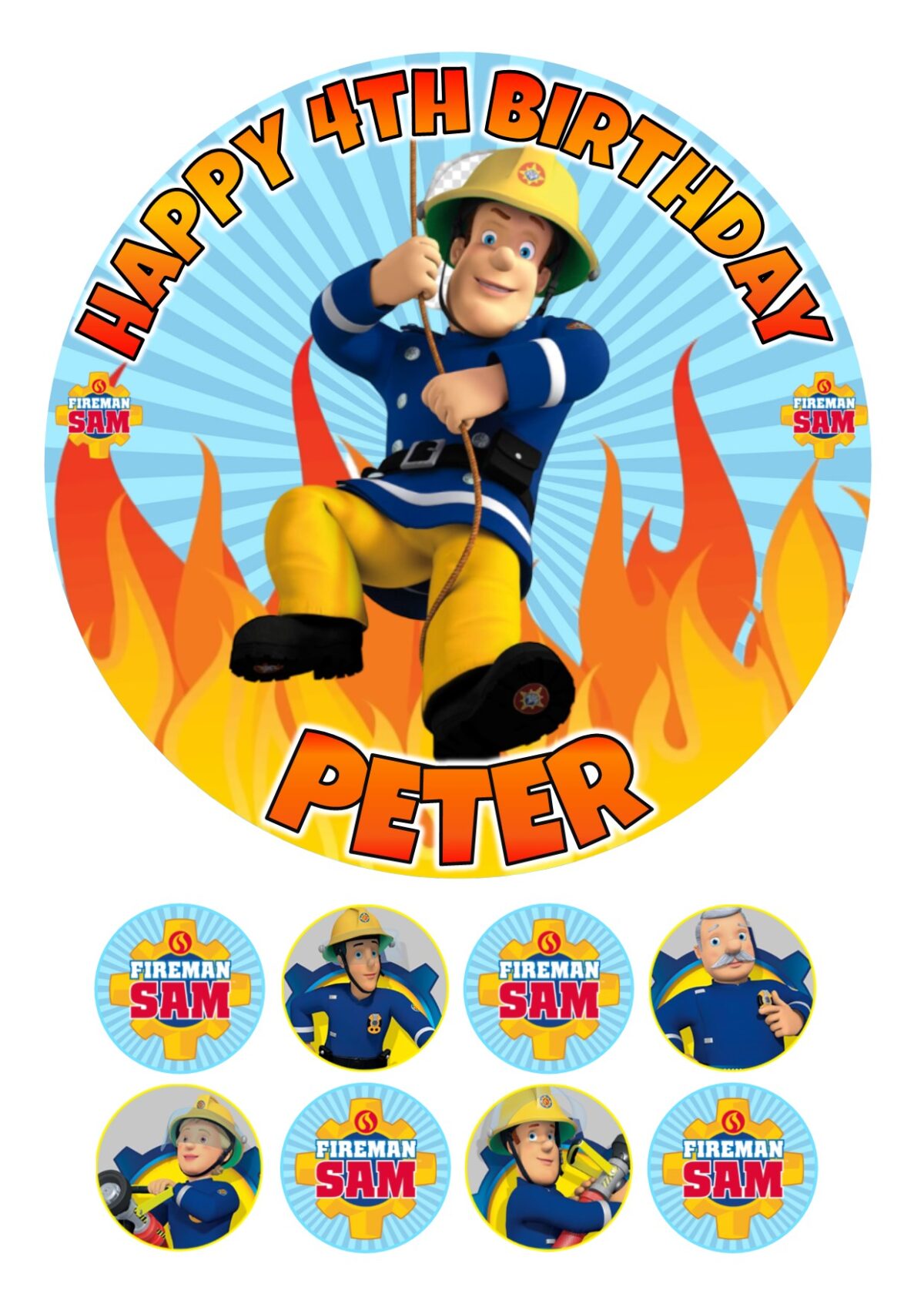 FIREMAN SAM ICING BIRTHDAY CAKE TOPPER & CUPCAKES