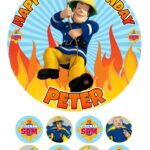 FIREMAN SAM ICING BIRTHDAY CAKE TOPPER & CUPCAKES