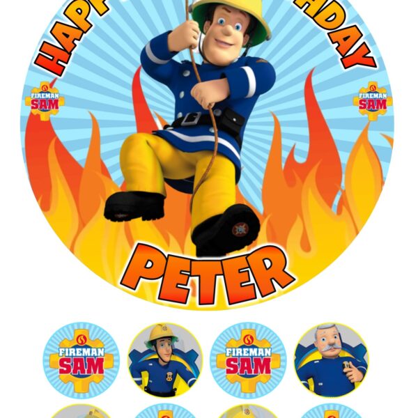 FIREMAN SAM ICING BIRTHDAY CAKE TOPPER & CUPCAKES