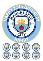 Manchester City Icing Birthday Cake Topper & 8 Cupcake Toppers