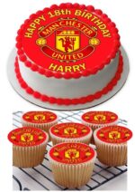 MANCHESTER UNITED ICING BIRTHDAY CAKE TOPPER & CUPCAKES