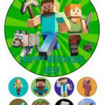 Minecraft Icing Birthday Cake Topper & 8 Cupcake Toppers