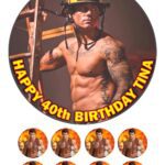 Sexy Fireman Icing Birthday Cake Topper & 8 Cupcake Toppers