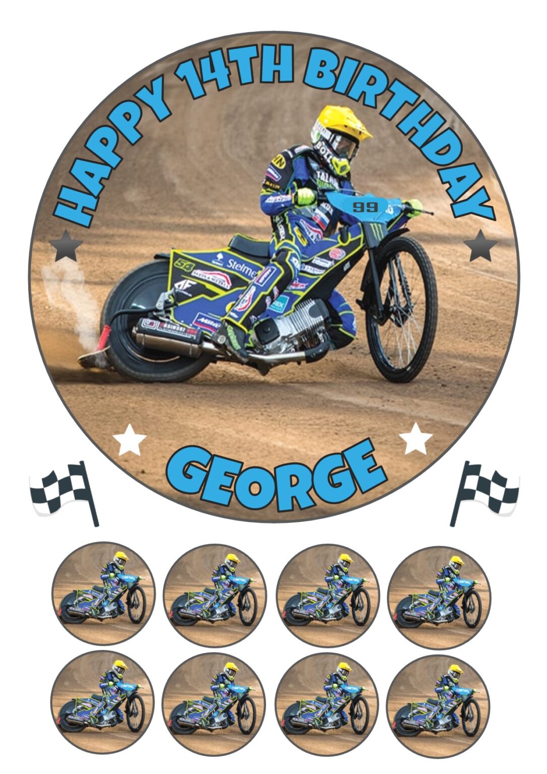 Speedway Motorbike Icing Birthday Cake Topper & 8 Cupcake Toppers