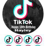 Personalised TikTok edible icing cake topper and cupcake toppers with TikTok logo, social media icons, name and birthday age.