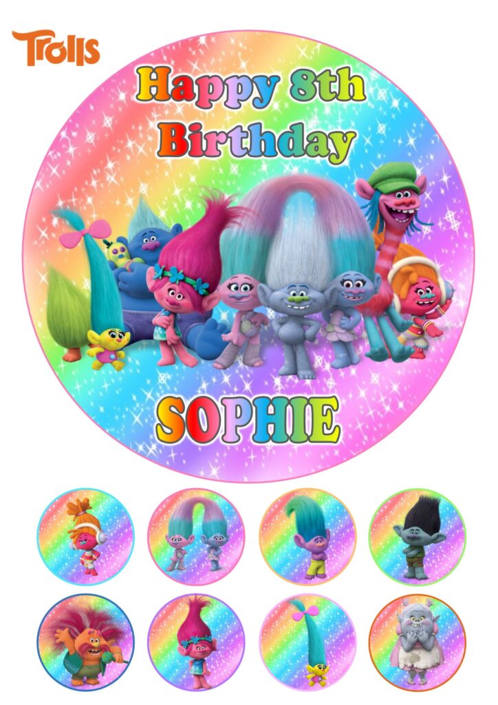 Trolls Icing Birthday Cake Topper & 8 Cupcake Toppers