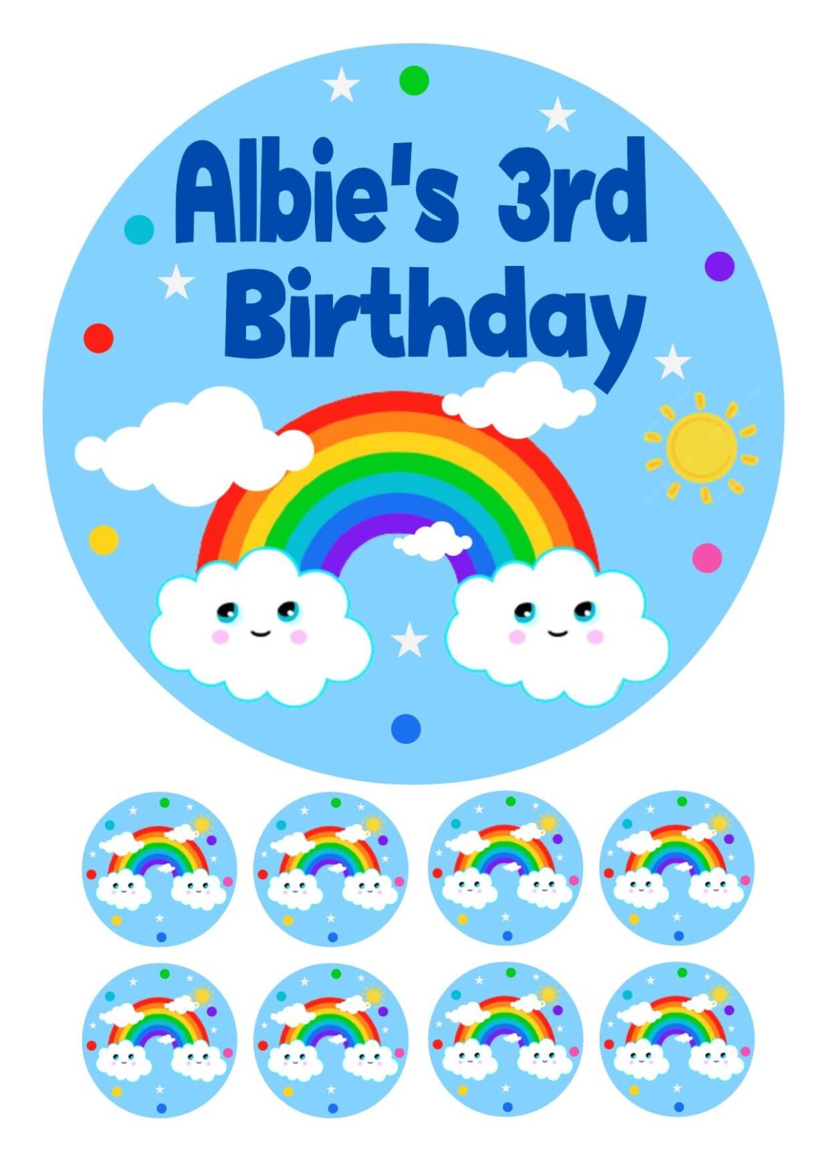 RAINBOW BLUE DESIGN ICING BIRTHDAY CAKE TOPPER & CUPCAKES