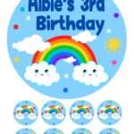 RAINBOW BLUE DESIGN ICING BIRTHDAY CAKE TOPPER & CUPCAKES