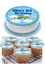 RAINBOW PINK DESIGN ICING BIRTHDAY CAKE TOPPER & 8 CUPCAKES