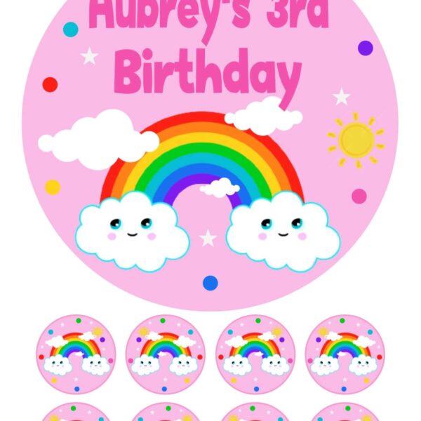 RAINBOW PINK DESIGN ICING BIRTHDAY CAKE TOPPER & 8 CUPCAKES