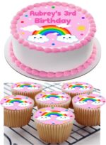 RAINBOW PINK DESIGN ICING BIRTHDAY CAKE TOPPER & CUPCAKES