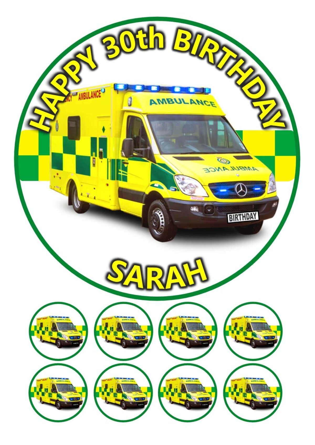 AMBULANCE ICING BIRTHDAY CAKE TOPPER & CUPCAKES