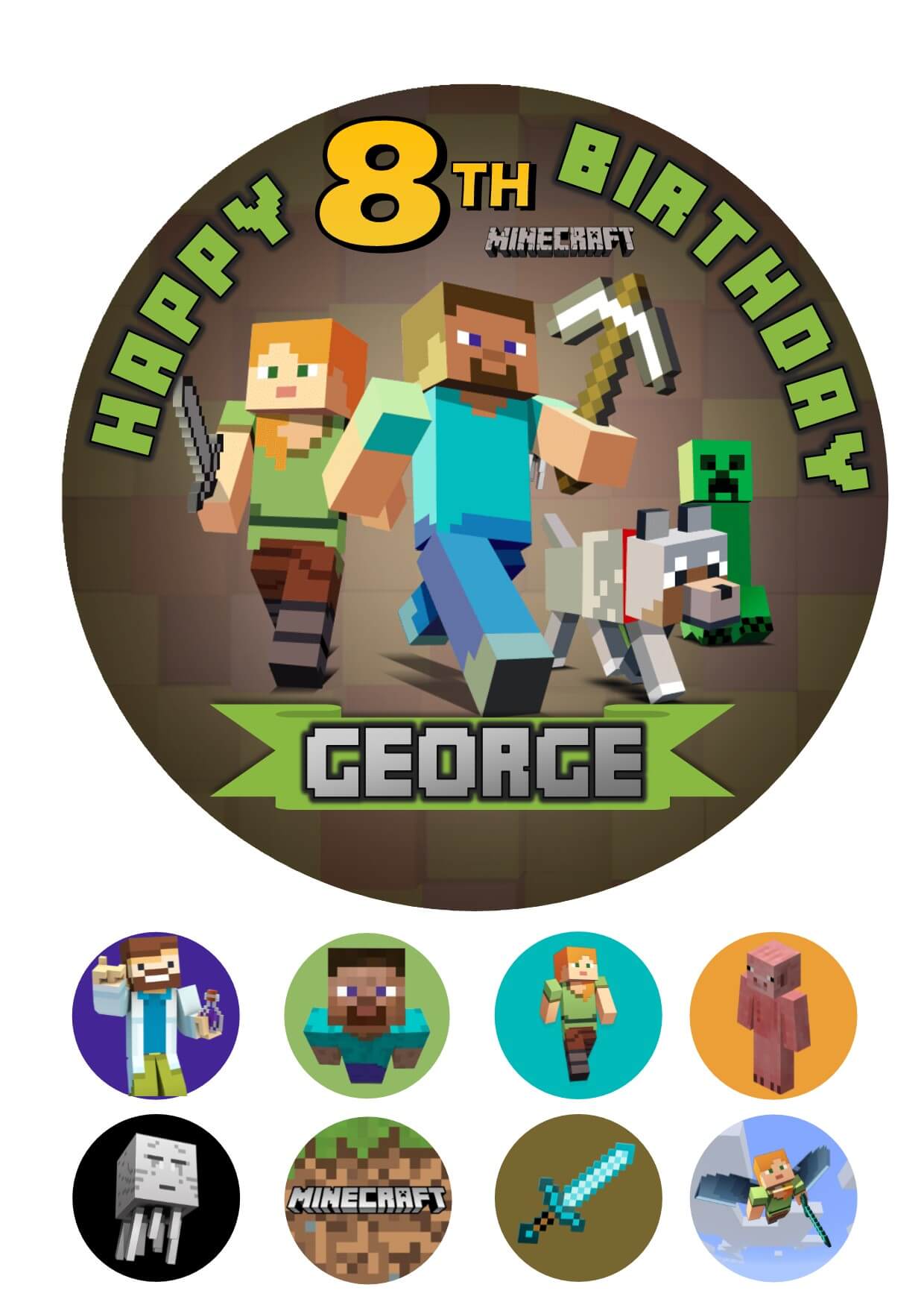 Minecraft Icing Birthday Cake Topper & 8 Cupcake Toppers