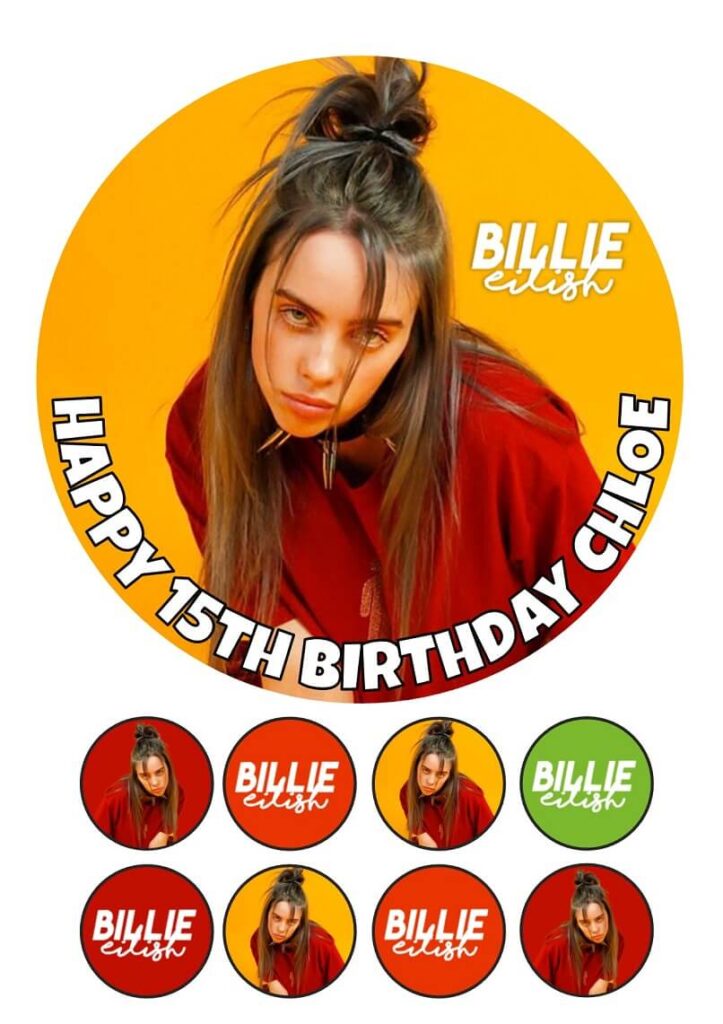 Billie Eilish Icing Birthday Cake Topper And 8 Cupcake Toppers