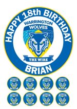 Warrington Wolves Rugby Club Icing Birthday Cake Topper & 8 Cupcake Toppers