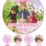 Peter Rabbit Icing Birthday Cake Topper & 8 Cupcake Toppers (Pink Text)