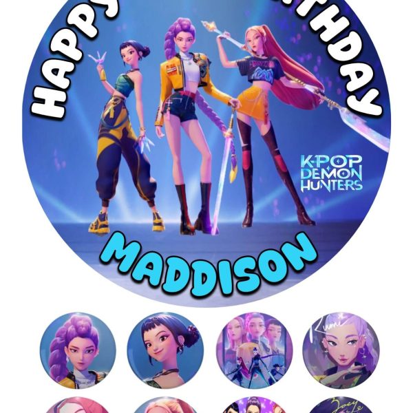 K-Pop Demon Hunters Icing Personalised Birthday Cake Topper & 8 Cupcake Toppers