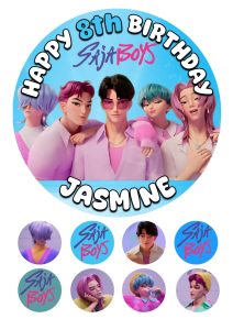 SAJA BOYS K-POP ICING BIRTHDAY CAKE TOPPER AND CUPCAKES