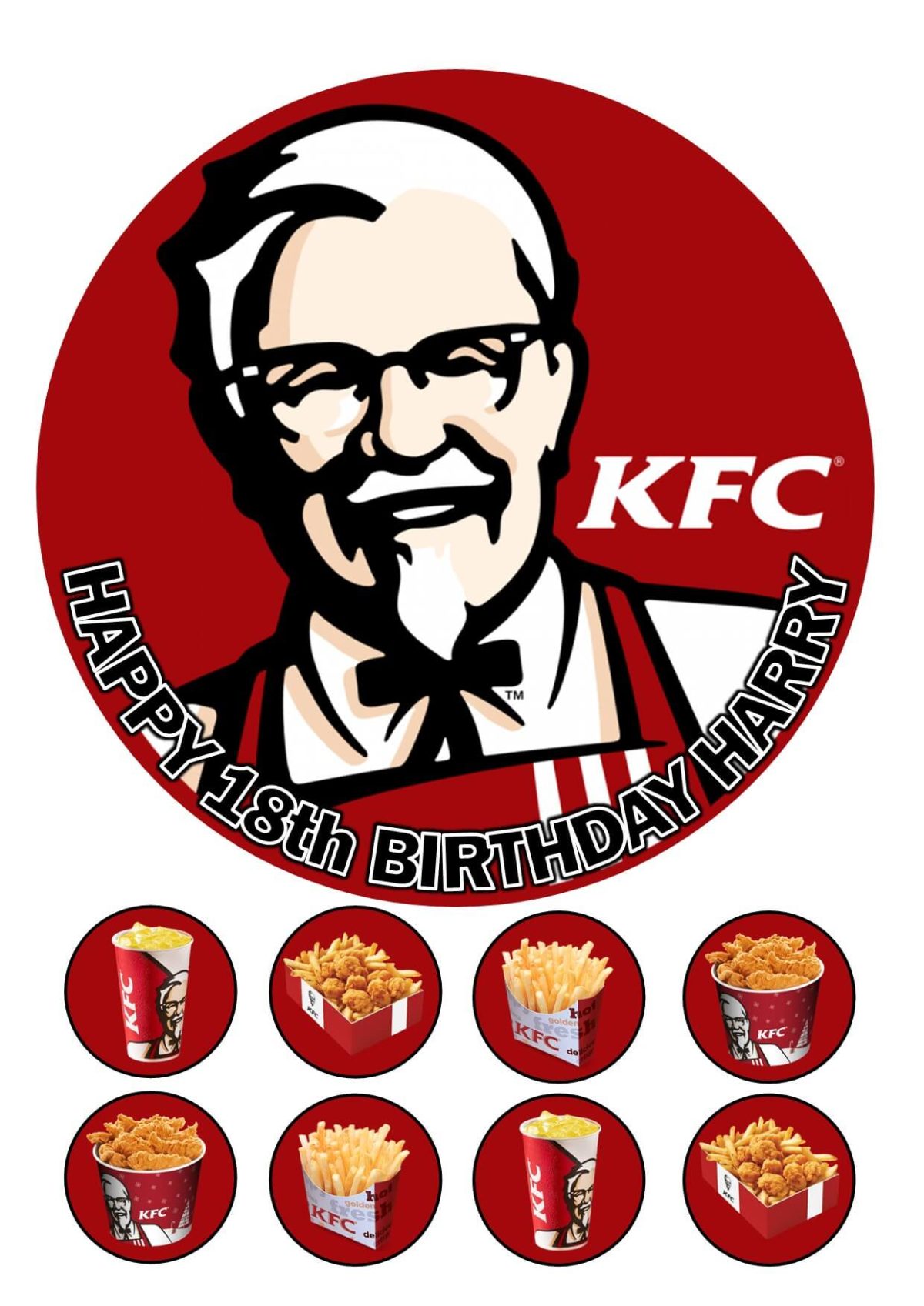 KFC themed personalised birthday cupcake toppers with icing cake topper