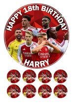 Arsenal FC custom edible round cake topper and matching small cupcake toppers featuring football players