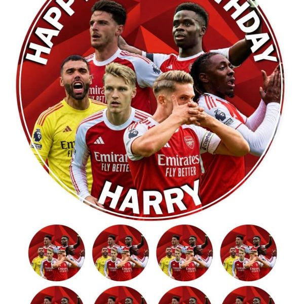 Arsenal FC custom edible round cake topper and matching small cupcake toppers featuring football players