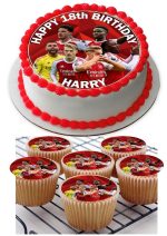 Arsenal FC themed edible cake topper and matching cupcakes , featuring custom text and photos of football players.