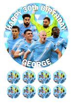 Personalised Manchester City cake topper set design featuring football players and 8 matching cupcake toppers.