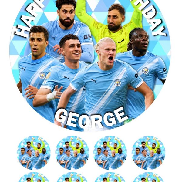 Personalised Manchester City cake topper set design featuring football players and 8 matching cupcake toppers.