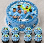 Manchester City themed birthday cake with matching cupcakes featuring football players