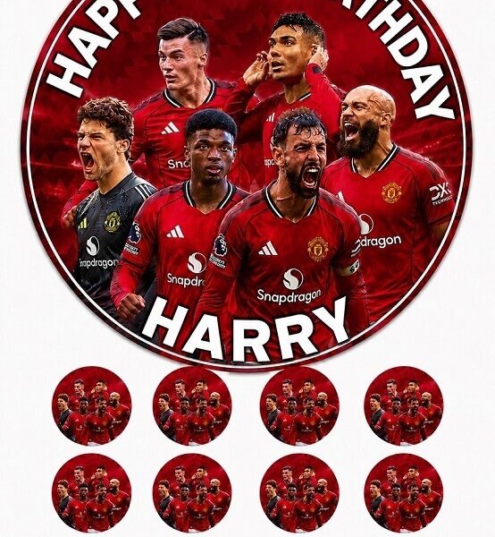 Manchester United personalised edible birthday cake topper and cupcake toppers with custom name