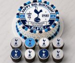 Personalised Tottenham Hotspur edible icing cake topper with 8 matching cupcake toppers featuring custom name and age for a football birthday party.