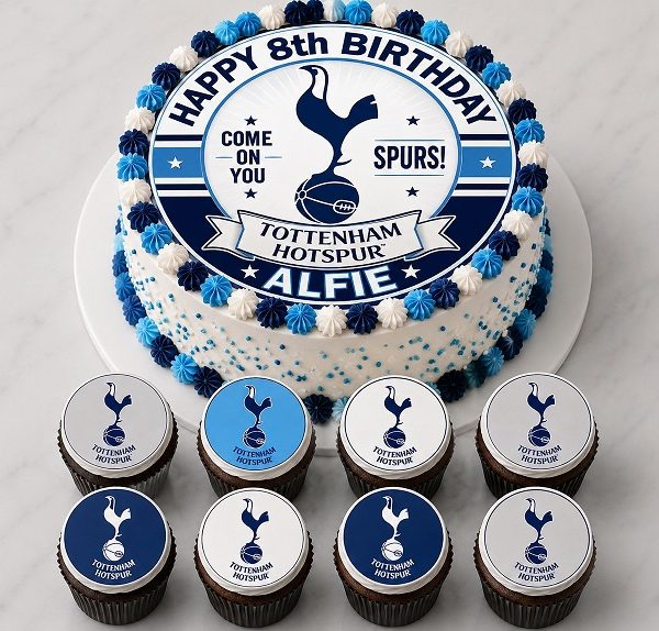 Personalised Tottenham Hotspur edible icing cake topper with 8 matching cupcake toppers