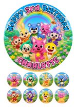 Personalised Pinkfong Hogi and Jeni edible icing cake topper with 8 matching edible cupcake toppers