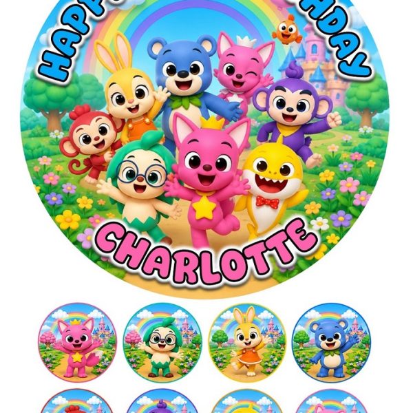 Personalised Pinkfong Hogi and Jeni edible icing cake topper with 8 matching edible cupcake toppers