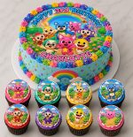 Personalised Pinkfong Hogi and Jeni edible icing cake topper with 8 edible cupcake toppers